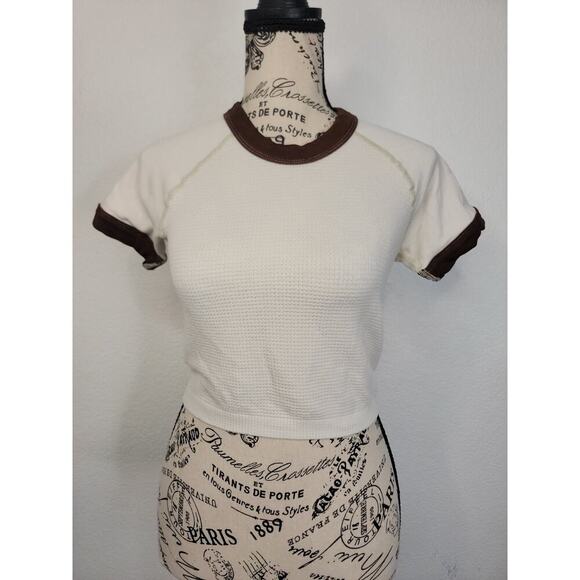 out from under urban outfitters Cap Sleeve Crop Top Beige Brown Baby Tee M/L - Picture 1 of 6